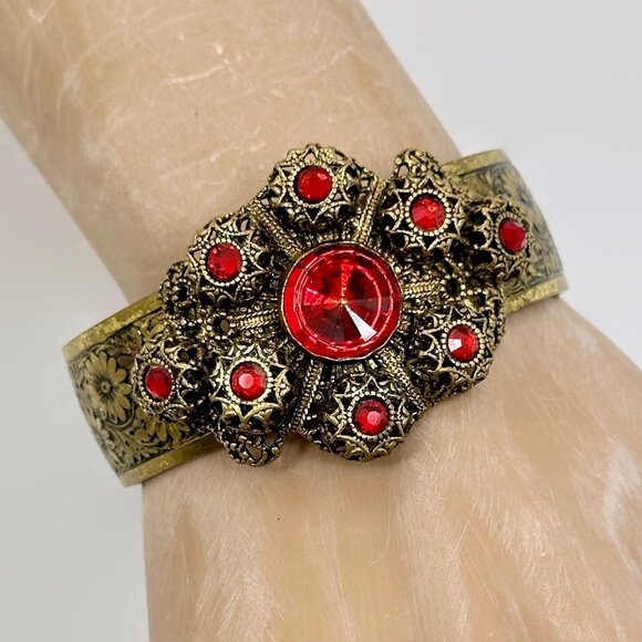 Vintage Bracelet, Czech, Red Rhinestone, 1930s, Victorian Revival, Filagree